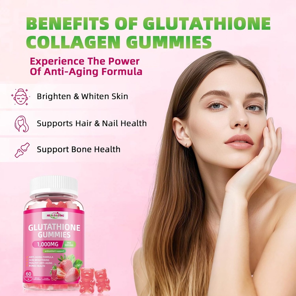 Glutathione Supplement Collagen Gummies: L-Glutamine Contains Marine Collagen Vitamins C, E, D&B12 Glutathione Gummies 1000mg for Anti-Aging Formula and Strengthen Bones 4