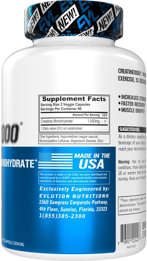 Evlution Pure Creatine Monohydrate Capsules 1000mg Nutrition Pre and Post Workout Recovery Vegan Creatine Pills for Gains and Muscle Recovery Supplement - Muscle Builder for Men 4