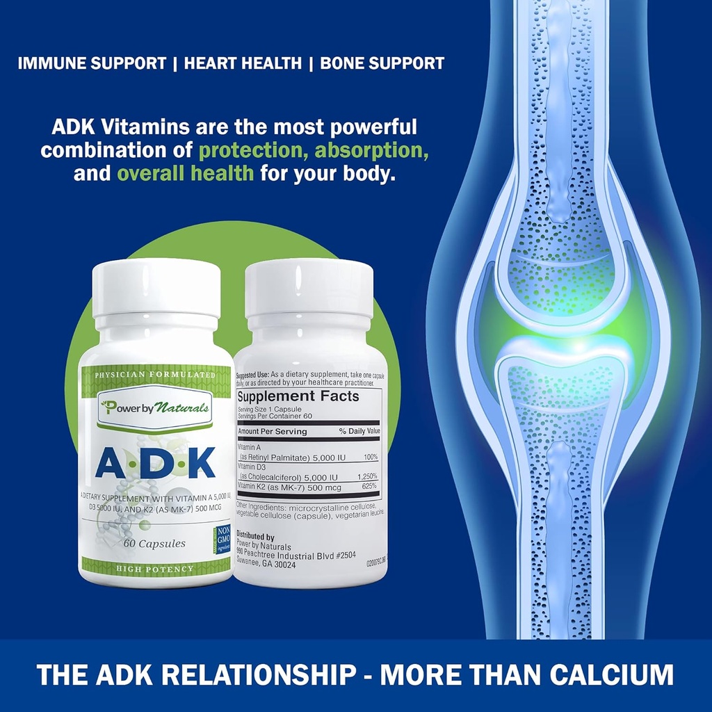 Power By Naturals ADK Vitamin Supplement: Vitamin A, Vitamin D3 5000 iu, and Vitamin K2 MK-7, Support Bone Health Vitamin ADK Supplement, Pure Vitamin D3 K2 MK7 & A, Pack of 2 (60 Capsules Each) 3
