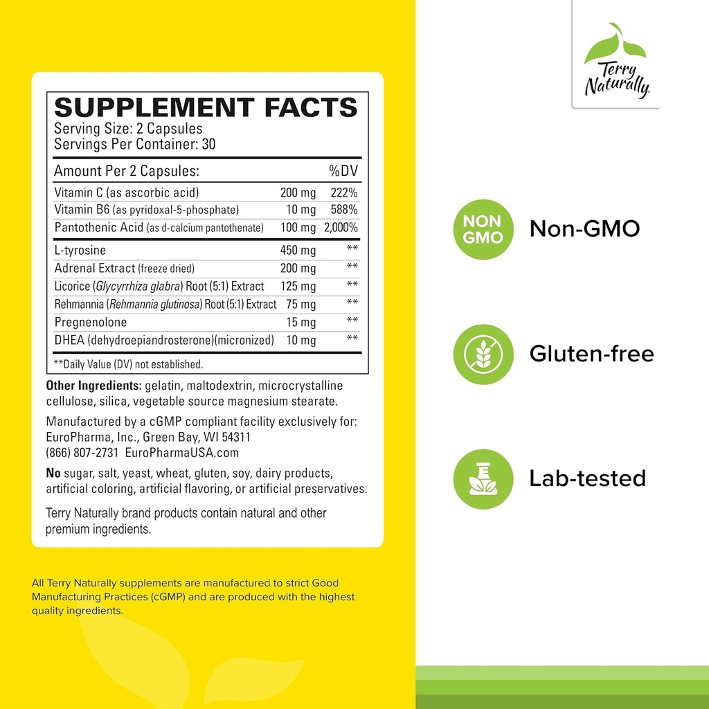 Terry Naturally Adrenaplex - Adrenal Gland Function Supplement - Glandular Support with Vitamins C & B6 - Supports Healthy Adrenal Function - Keep Out of Reach of Children - 60 Capsules (Pack of 2) 3