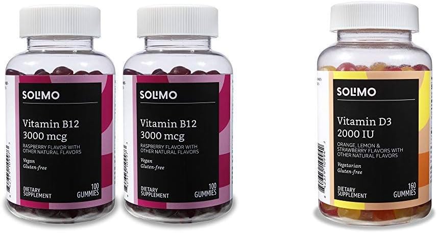 Basics Vitamin B12 3000 mcg Gummies (2 Packs of 100), 2 per Serving and   Basics Vitamin D3 2000 IU Gummies, Orange, Lemon & Strawberry, 160 Count (2 per Serving) (Previously Solimo) 2