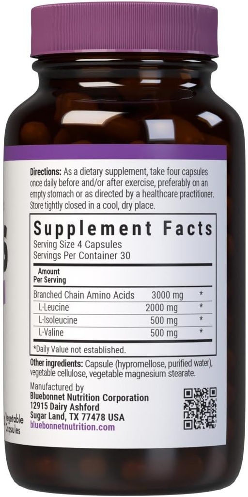 Bluebonnet Nutrition BCAAs 4:1:1 Ratio, Muscle Performance*, Muscle Health*, Muscle Repair*, Non-GMO, Vegan, Kosher Certified, Gluten-Free, Soy-Free, Dairy-Free, 120 Vegetable Capsules, 30 Servings 3