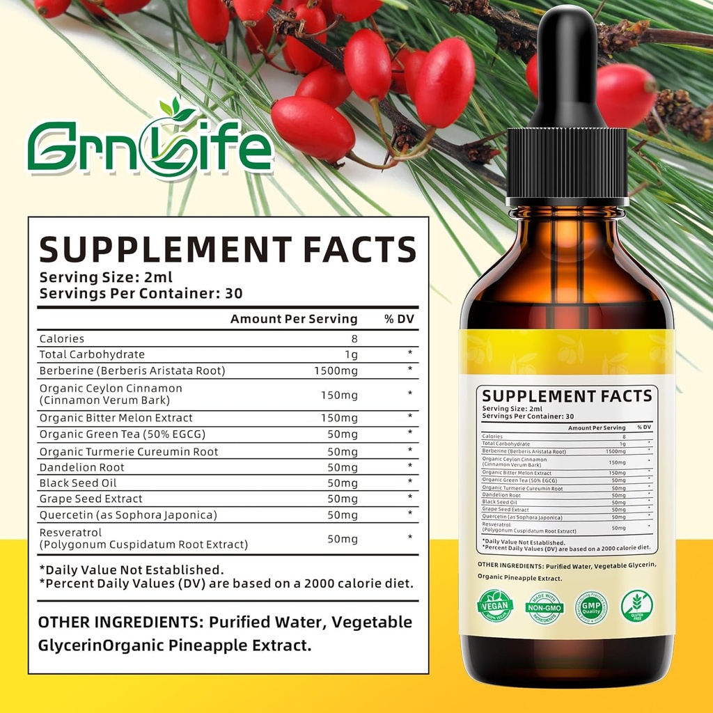 Berberine Supplement, 1500mg Organic Berberine Liquid Drops with Ceylon Cinnamon, Bitter Melon - Supports Immune and Metabolism, Vegan, Pineapple Flavor-2 FL Oz 3
