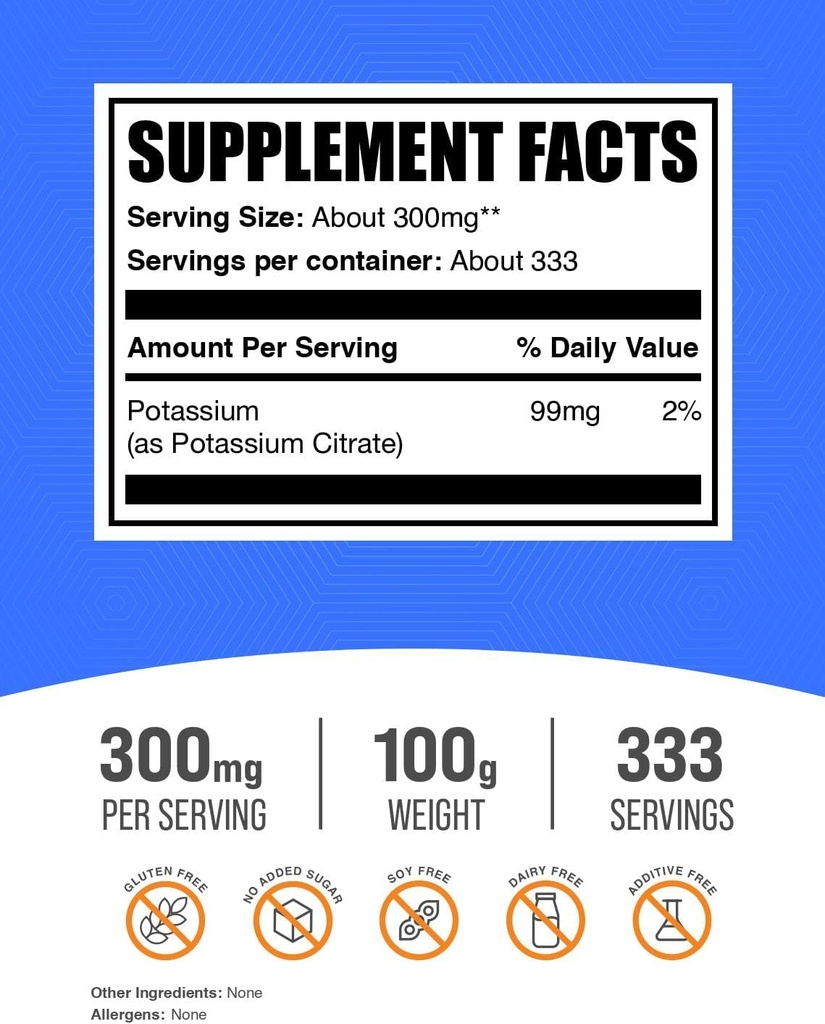 BulkSupplements.com Potassium Citrate Powder - Potassium Supplement, Electrolytes Supplement - Pure, Gluten Free - 310mg per Serving, Multiple Servings (100 Grams - 3.5 oz) 3