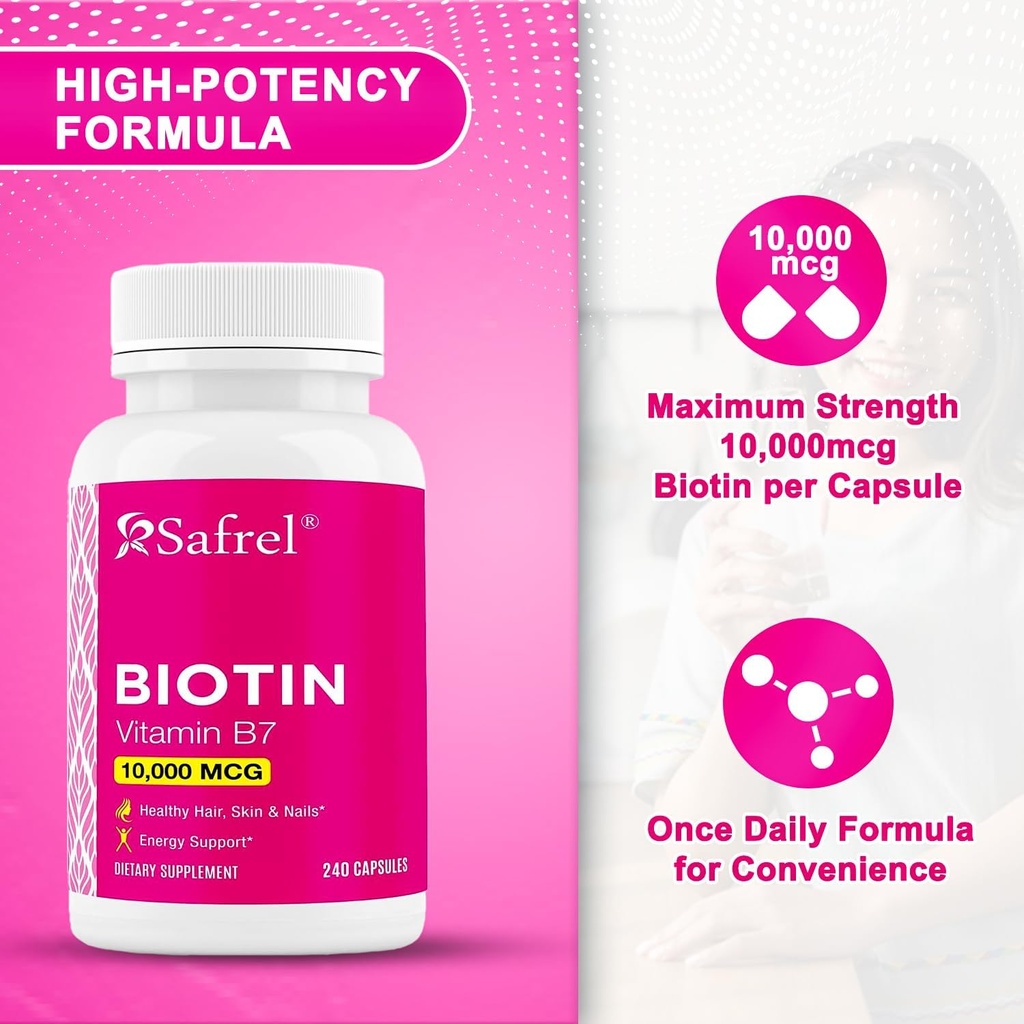 Safrel Biotin (Vitamin B7) 10,000mcg (10mg) Vitamin Supplement, 240 Capsules - Vegetarian, Gluten Free, Quick Release, Non-GMO 4