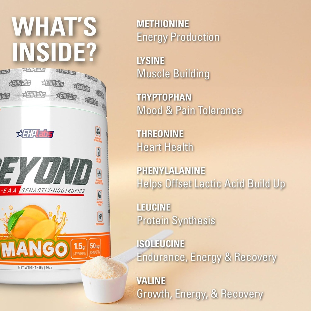 EHP Labs Beyond BCAA Powder Amino Acids Supplement for Muscle Recovery - 8g of Sugar Free BCAAs Amino Acids Post Workout Recovery Powder & 10g of EAA Amino Acids Powder - 60 Servings (Mango) 6
