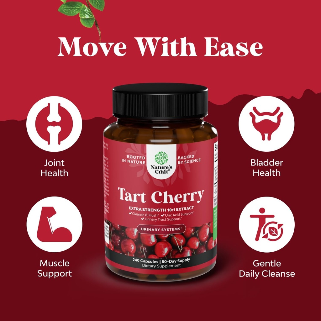 Extra Strength Tart Cherry Capsules - Tart Cherry Extract Capsules 7500mg for Uric Acid Cleanse for Gout & Kidneys Support - Fruit Extract Supplement for Urinary Tract Health & Joint Support - 240 Ct 5