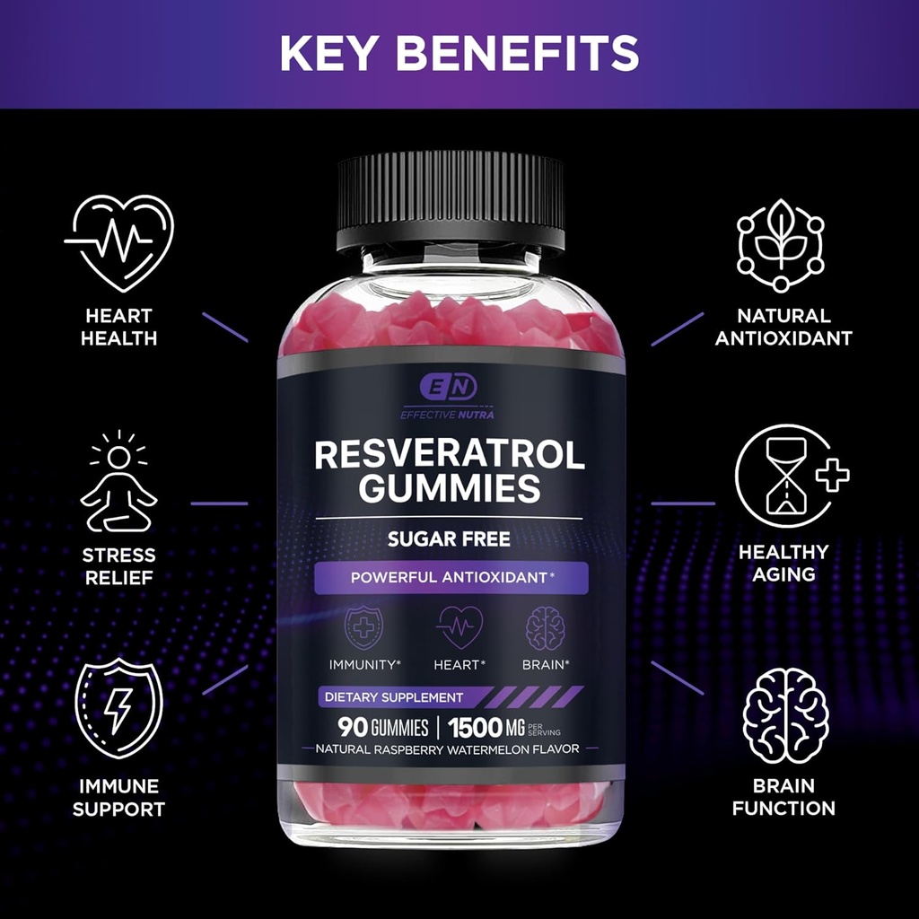 EFFECTIVE NUTRA Resveratrol Gummies 1500mg | Sugar-Free Supplement for Antioxidant Support, Immunity, Heart Health, and Brain Function | 45-Day Supply, Natural Berry Flavor, Made in USA (90 Count) 3
