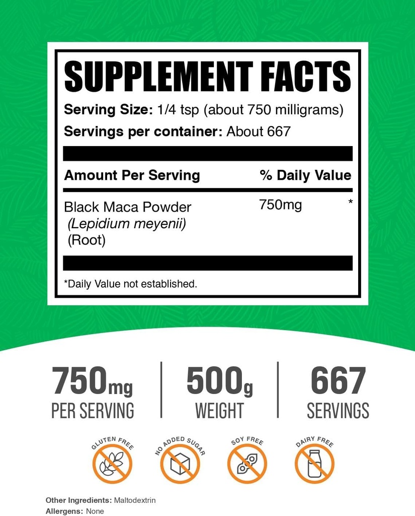 BulkSupplements.com Black Maca Powder - Black Maca Root Supplement, Herbal Supplement for Men & Women - Vegan, Gluten Free, 750mg per Serving, 500g (1.1 lbs) (Pack of 1) 3