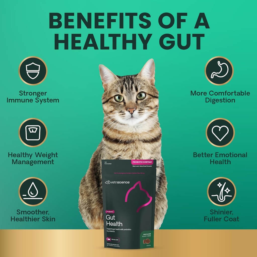 VetriScience Gut Health Chews, Probiotic Everyday Digestive Supplement for Cats, Pet Probiotics for Digestion Support, Gas and Diarrhea, Immune Support, 120 Million CFU Per Chew, Duck, 60 Count 4