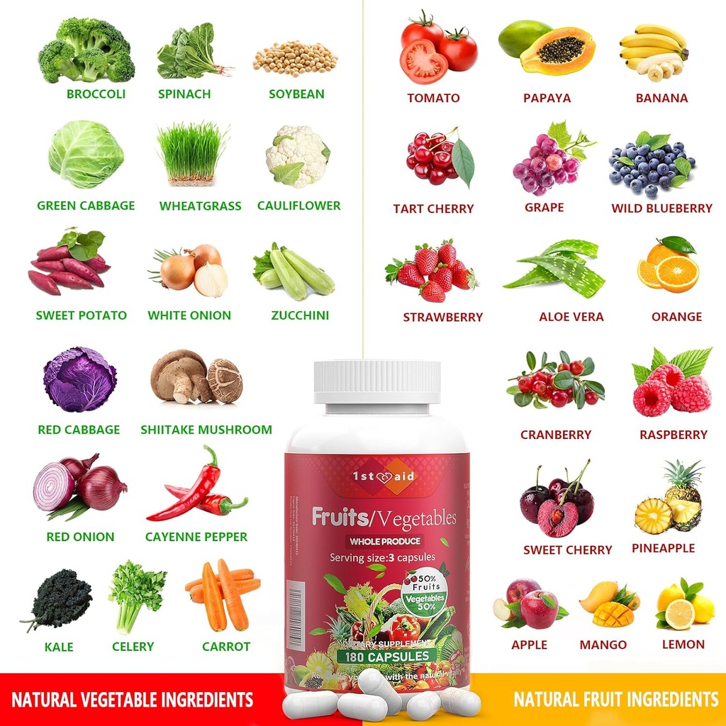 1st Aid Fruit-Veggies Supplement-Capsules Home-Essential Dietary-Supplements - 180Count Whole Food Fruit Vegetables Mixed Nutritional Supplements for Adults 3