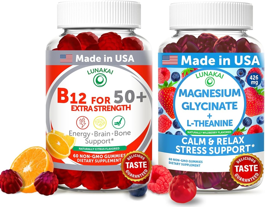 Lunakai USA Made Vitamin B12 for Adults 50+ & Magnesium Glycinate Gummies Bundle, Supports Energy, Mood, Relaxation & Stress Relief, Non-GMO, Vegan, 60ct Each 2