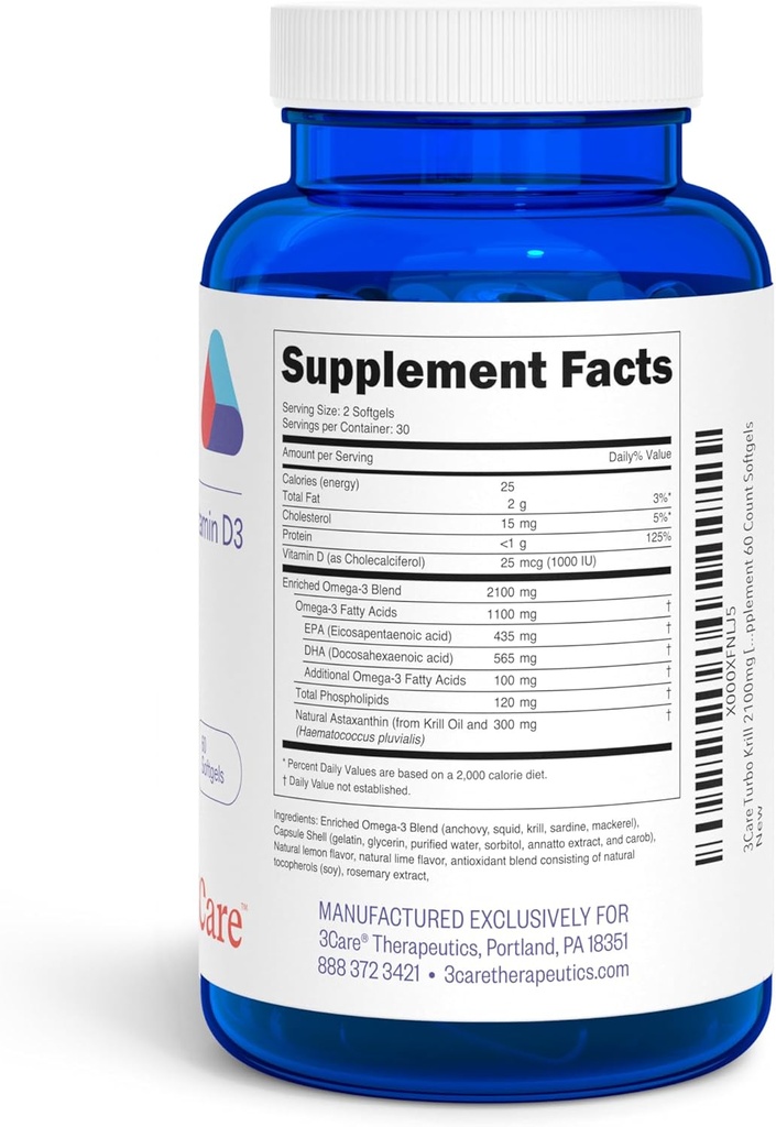 Turbo Krill 2100mg [High Concentrate] Krill Oil Plus 600 IU Vitamin D Omega 3 Supplement 60 Count Softgels 3