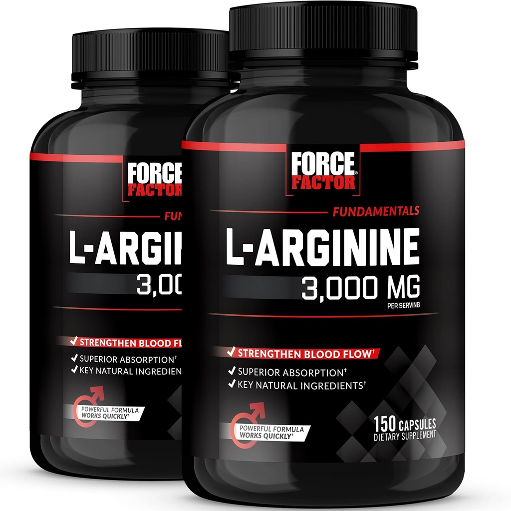 Force Factor L-Arginine, Nitric Oxide Supplement with BioPerine to Help Build Muscle & Support Stronger Blood Flow, Circulation, Nutrient Delivery, & Pumps, L-Arginine 3000mg, 150 Count (Pack of 2) 2