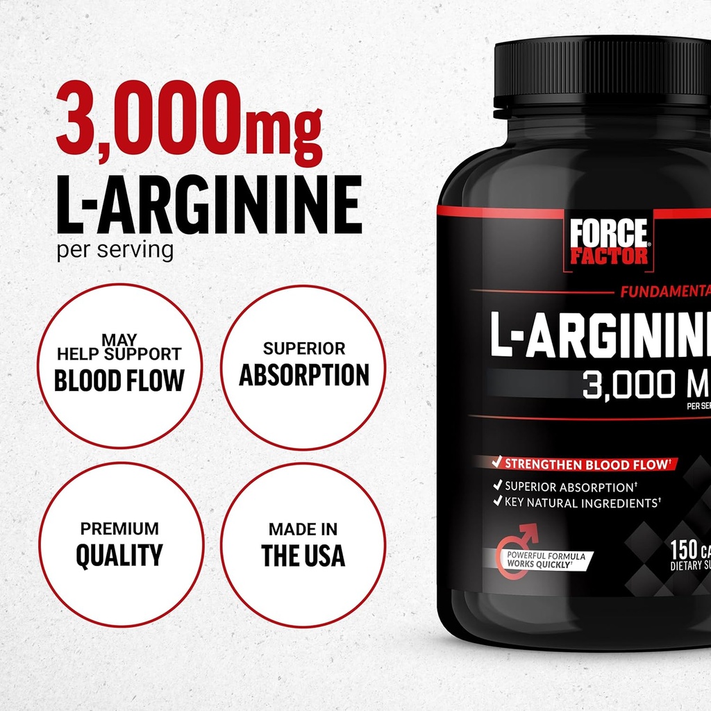 Force Factor L-Arginine, Nitric Oxide Supplement with BioPerine to Help Build Muscle & Support Stronger Blood Flow, Circulation, Nutrient Delivery, & Pumps, L-Arginine 3000mg, 150 Count (Pack of 2) 3