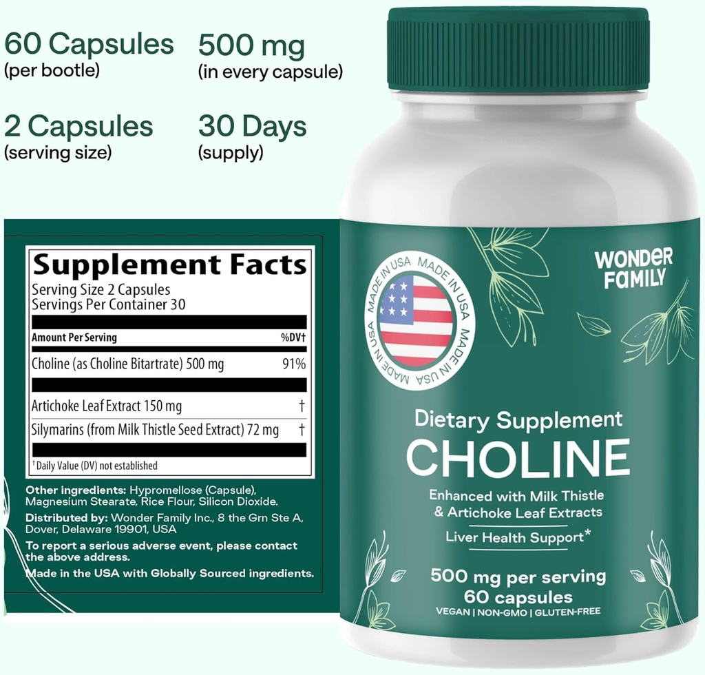 Choline Bitartrate 500MG - Premium Choline Supplements - Liver Support Supplement & Gallbladder Supplements - Colina Suplemento 500 mg Orgánica - Brain Vitamin for Memory and Focus - 60 Choline Caps 5