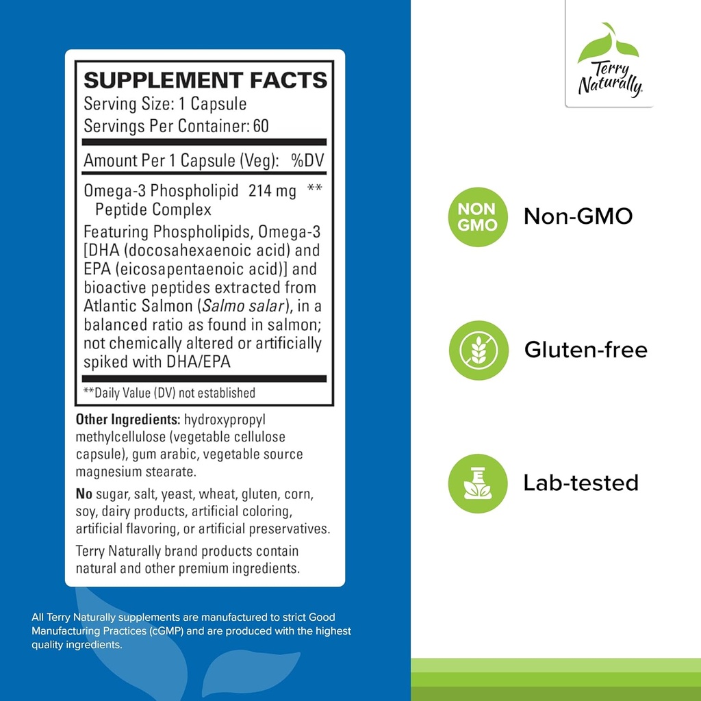 Terry Naturally Vectomega - Dietary Supplement with EPA & DHA - Omega-3 Tablets for Brain & Heart Health Support - Nutritional Supplement with Essential Fatty Acids & Peptides - 60 Capsules 3