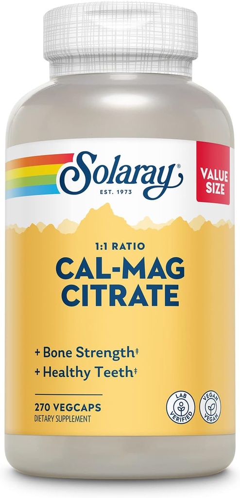 Solaray Calcium Magnesium Citrate 1000mg 1:1 Ratio, Bone Strength Supplement, Muscle, Nerve and Bone Health Support, Chelated for High Absorption, 60-Day Guarantee, 45 Servings, 270 VegCaps 2