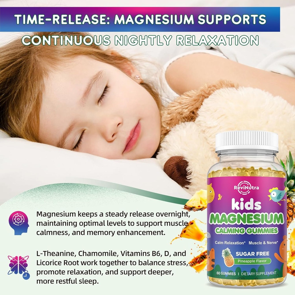 Kids Magnesium Gummies, Magnesium Glycinate Gummies for Kids & Adults with L-Theanine, Chamomile, Licorice, Vitamin D, B6 for Sleep, Relaxation, Brain & Muscle, Sugar Free Pineapple 60ct 6
