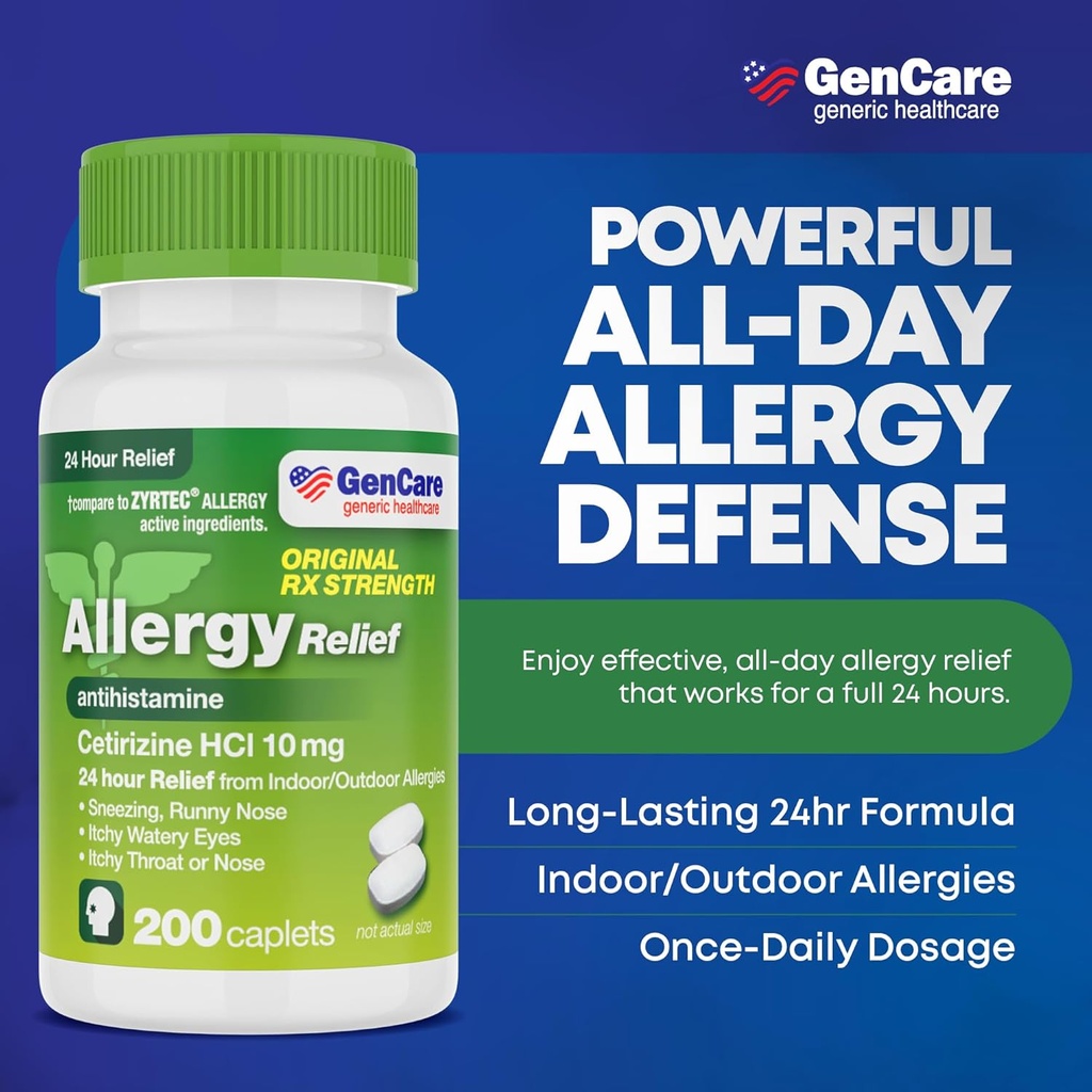 GenCare - Cetirizine HCL 10 mg (200 Caplets) - 24 Hour Allergy Relief Pills - Non Drowsy Generic OTC Allergy Medication - Antihistamine Medicine for Sneezing, Runny Nose & Itchy Eyes - Generic Zyrtec 3
