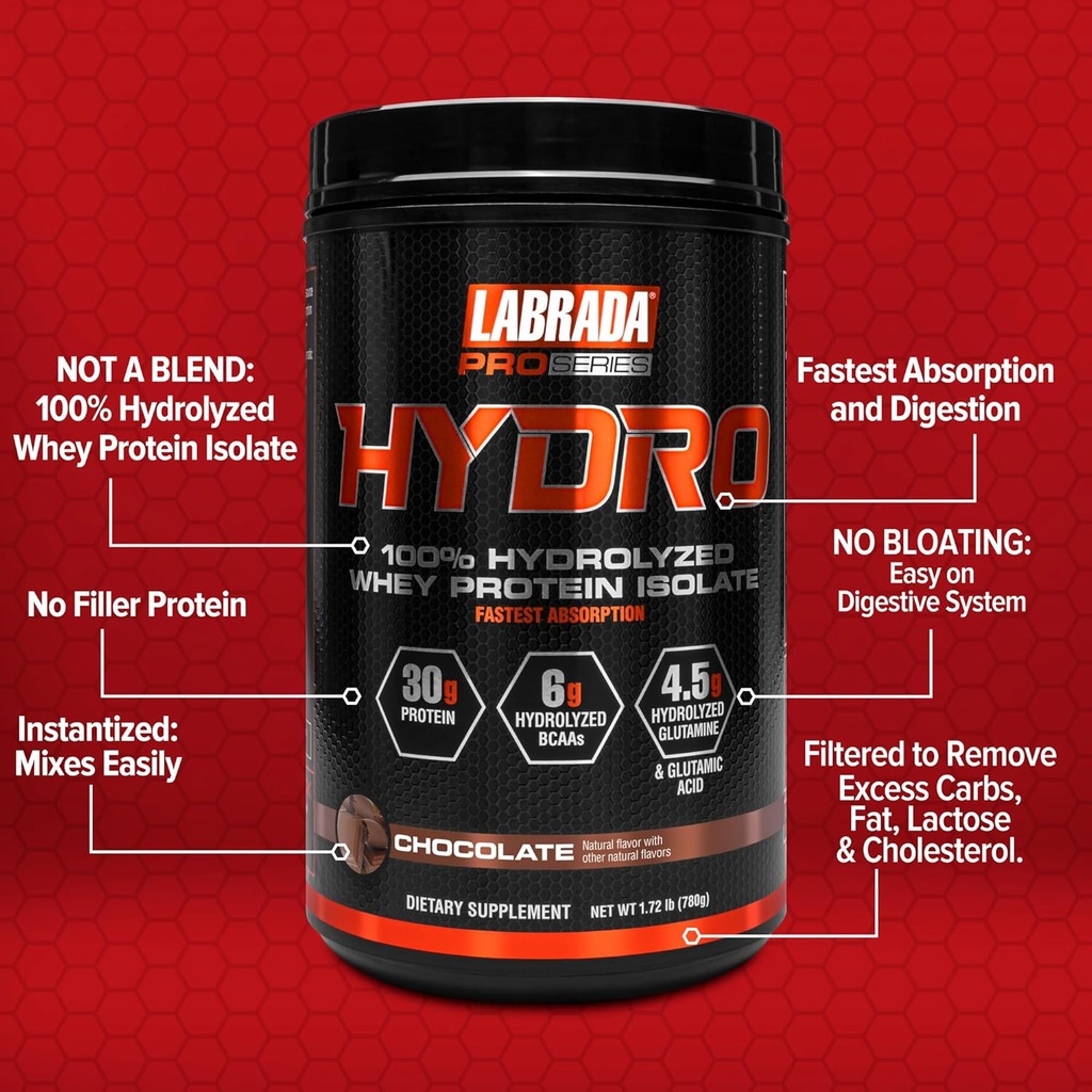 LABRADA Hydro 100% Pure Hydrolyzed Whey Protein Isolate Powder, Lactose Free, Fastest Digesting, Instant Mixing,Delicious Taste 20 Servings(Chocolate) 3