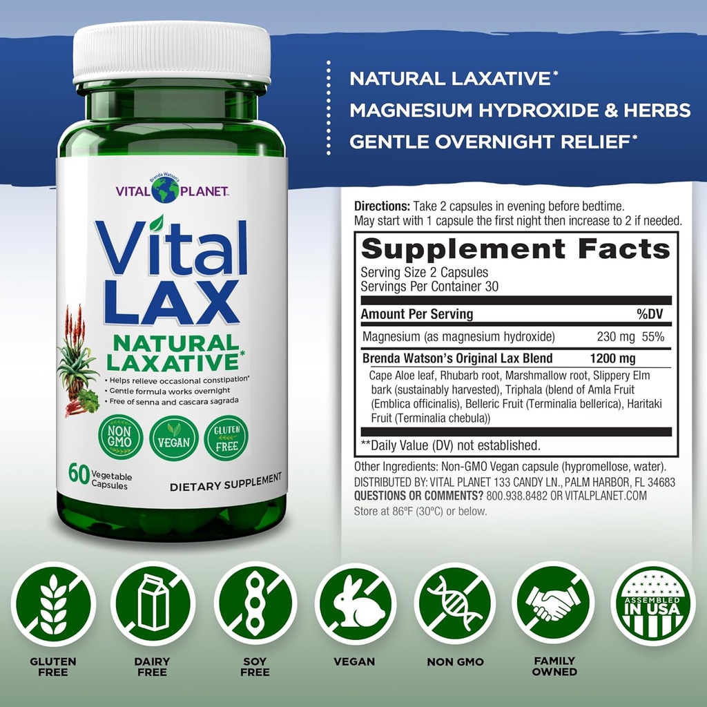 Vital Planet - Vital Lax Natural Laxative Cleanse Supplement for Occasional Constipation, with Magnesium Hydroxide, Slippery Elm, Aloe, and Triphala to Support Bowel Regularity 60 Capsules 3