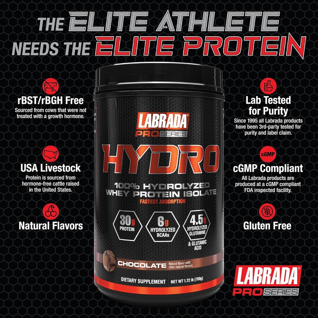 LABRADA Hydro 100% Pure Hydrolyzed Whey Protein Isolate Powder, Lactose Free, Fastest Digesting, Instant Mixing,Delicious Taste 20 Servings(Chocolate) 4