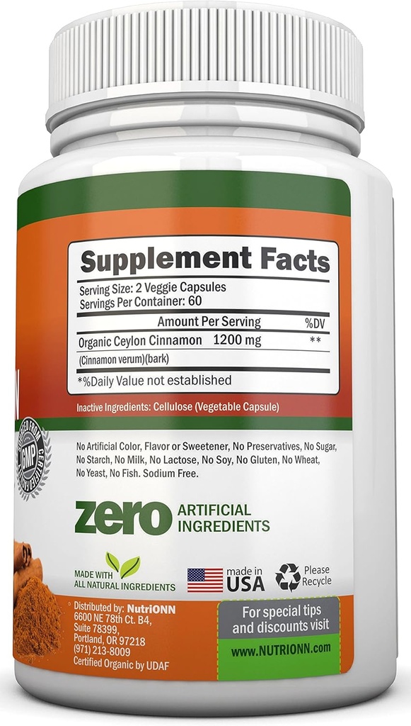 Organic Ceylon Cinnamon 1200 mg | 120 Vegan Capsules | True Cinnamomum verum from Sri Lanka | Non-GMO, Third-Party Lab Tested, Low Coumarin, GMP Certified 3