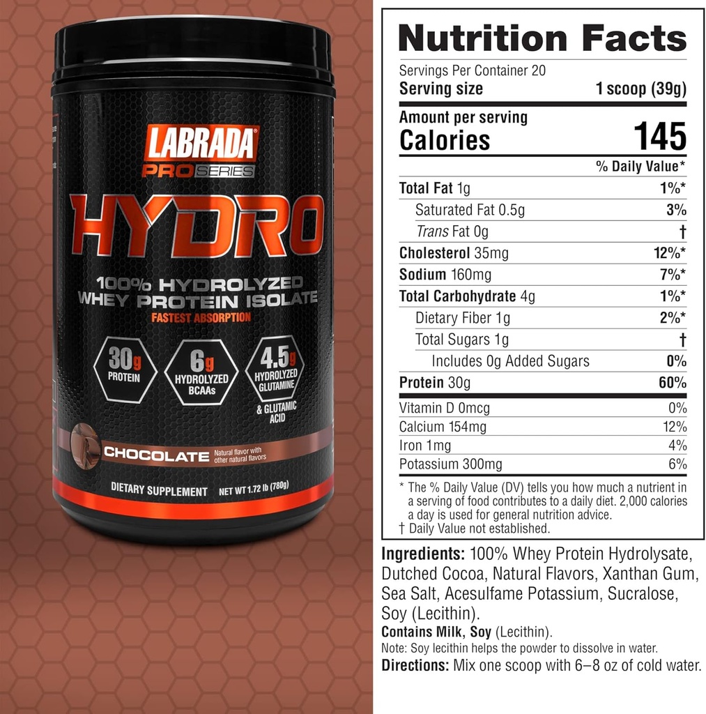 LABRADA Hydro 100% Pure Hydrolyzed Whey Protein Isolate Powder, Lactose Free, Fastest Digesting, Instant Mixing,Delicious Taste 20 Servings(Chocolate) 6