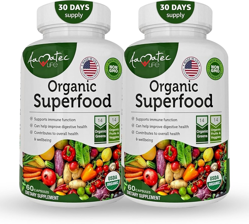Organic Superfood Greens Fruits and Veggies Complex - Dietary Supplement with 14 Greens &14 Vegetables with Alfalfa Rich in Antioxidants Organic Ingredients Non-GMO (120 Count Pack of 2) 2