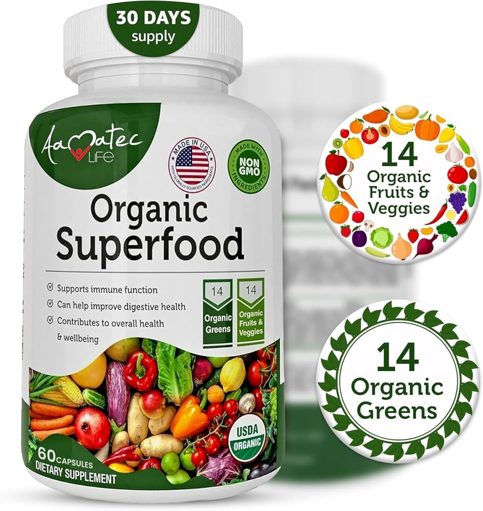 Organic Superfood Greens Fruits and Veggies Complex - Dietary Supplement with 14 Greens &14 Vegetables with Alfalfa Rich in Antioxidants Organic Ingredients Non-GMO (120 Count Pack of 2) 3
