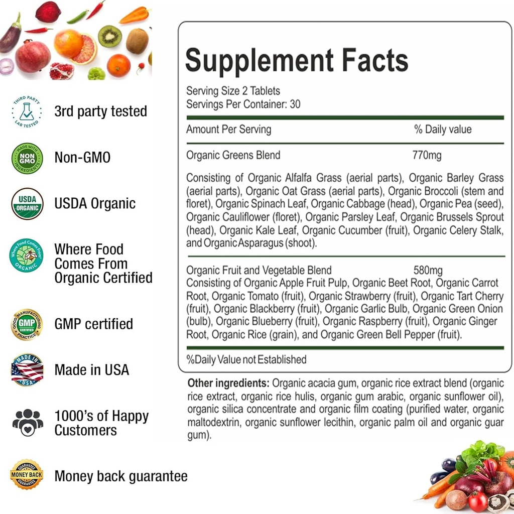 Organic Superfood Greens Fruits and Veggies Complex - Dietary Supplement with 14 Greens &14 Vegetables with Alfalfa Rich in Antioxidants Organic Ingredients Non-GMO (120 Count Pack of 2) 6