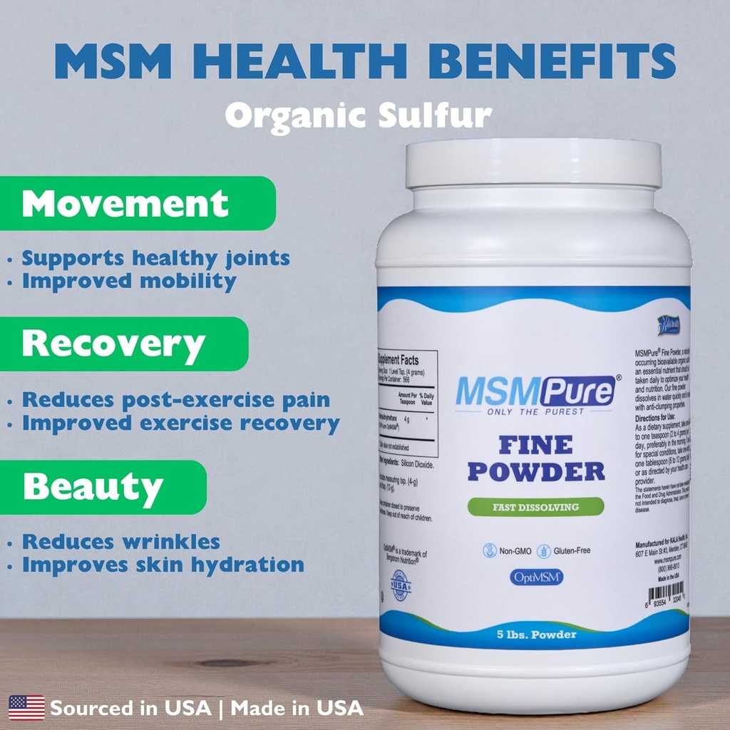 KALA HEALTH MSMPure Fast Dissolving Fine MSM Powder Crystals – US-Made MSM for Joint Health, Skin Appearance, and Hair & Nail Support – 5 lb, Organic Sulfur 3