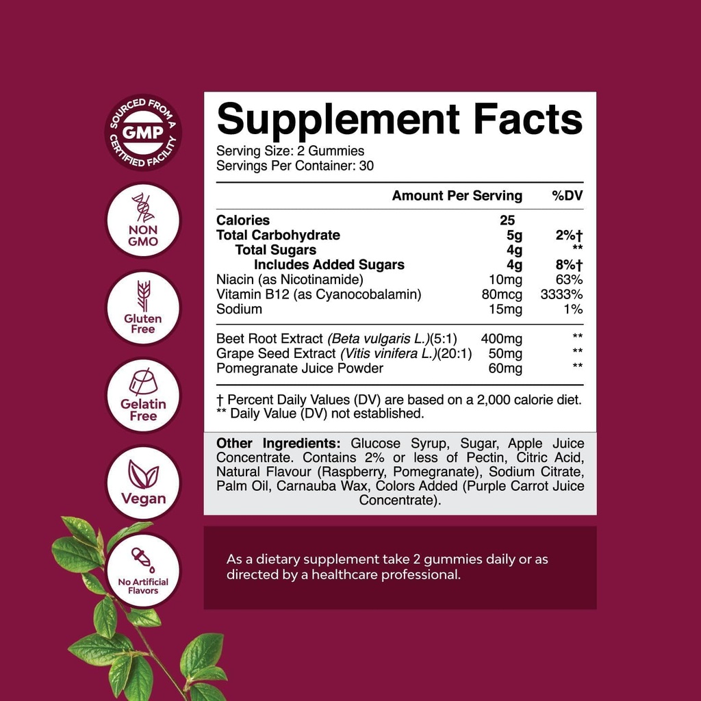 Flow Boosting Beet Root Gummies - Invigorating Beet Gummies for Adults Nitric Oxide Energy & Heart Health Support with Grapeseed Pomegranate & Vitamin B12 - Vegan Non-GMO & Gluten Free (1 Month) 4