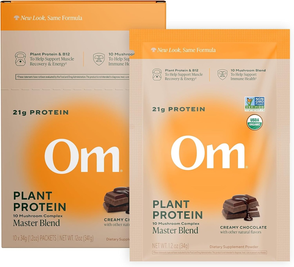 Om Master Blend Vegan Protein Powder, Chocolate, 21g of Plant Protein - Organic Mushroom Supplement with 10 Mushroom Complex, Ashwagandha, BCAAs and Vitamin B12 - Single Serve (10 Count)​ 2