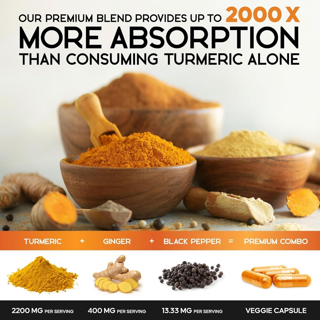Turmeric Curcumin Supplement 2600mg - with Organic Ginger & Turmeric, 95% Curcuminoids, BioPerine Black Pepper for Best Absorption, Nature's Vegan Joint Support, Non-GMO, Bottled in USA - 120 Capsules 4
