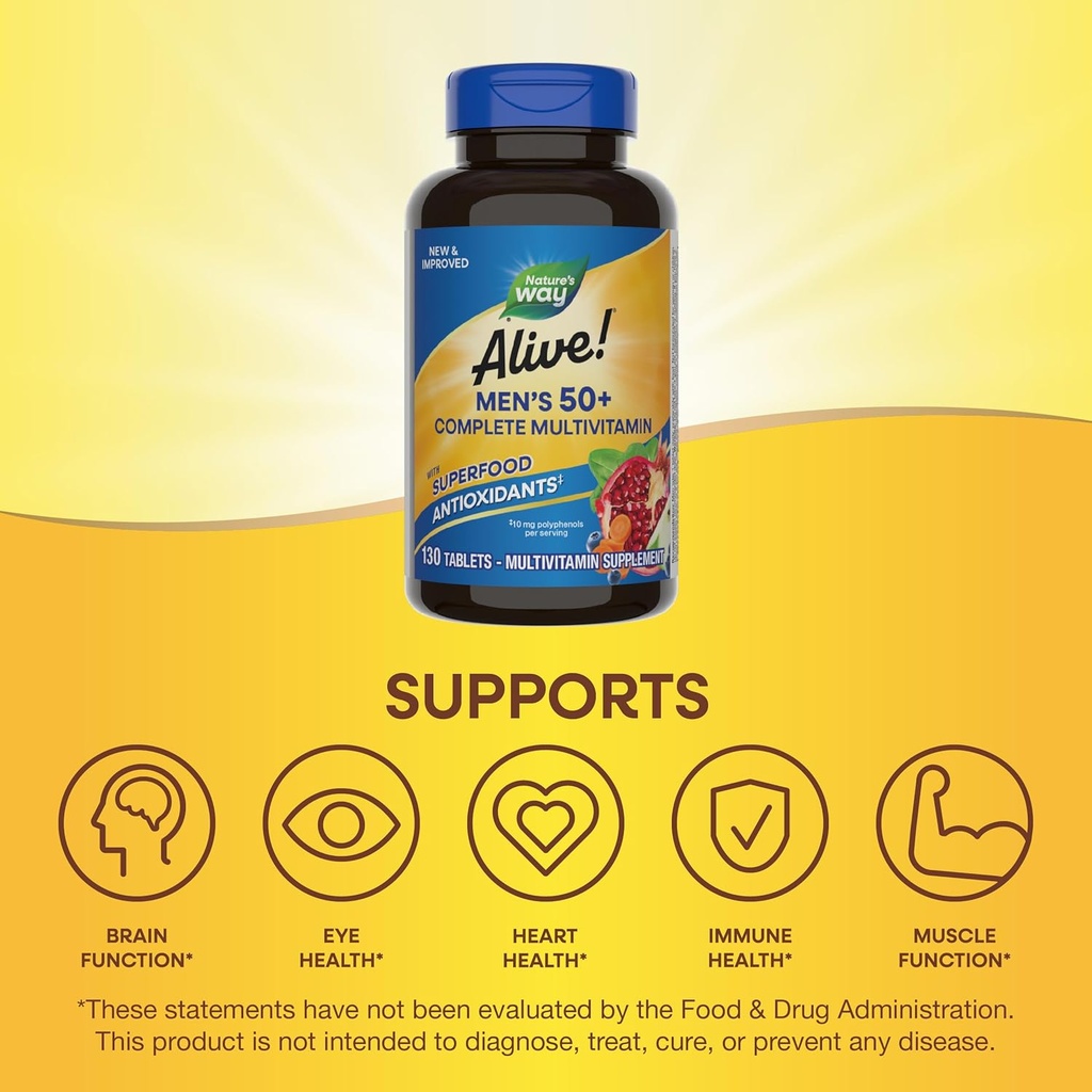Nature’s Way Alive! Men’s 50+ Complete Multivitamin, Supports Multiple Body Systems*, Supports Cellular Energy*, High Potency B-Vitamins, Gluten-Free, 130 Tablets (Packaging May Vary) 5