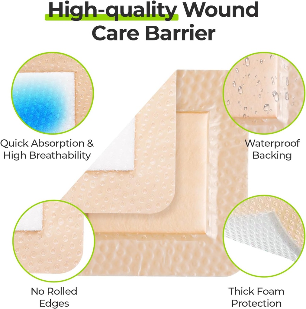 AUVON Silicone Foam Dressing with Large Adhesive Border, 3" x 3" 10 Packs Wound Dressing Bandage with High Absorbency, Waterproof Silicone Foam Pads for Wound Care & Protection Plus Cushioning 3