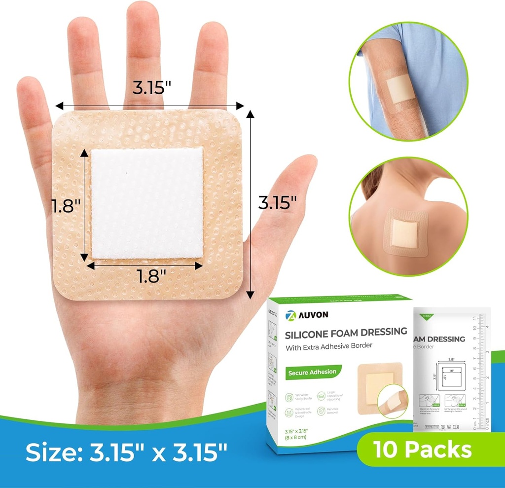 AUVON Silicone Foam Dressing with Large Adhesive Border, 3" x 3" 10 Packs Wound Dressing Bandage with High Absorbency, Waterproof Silicone Foam Pads for Wound Care & Protection Plus Cushioning 6