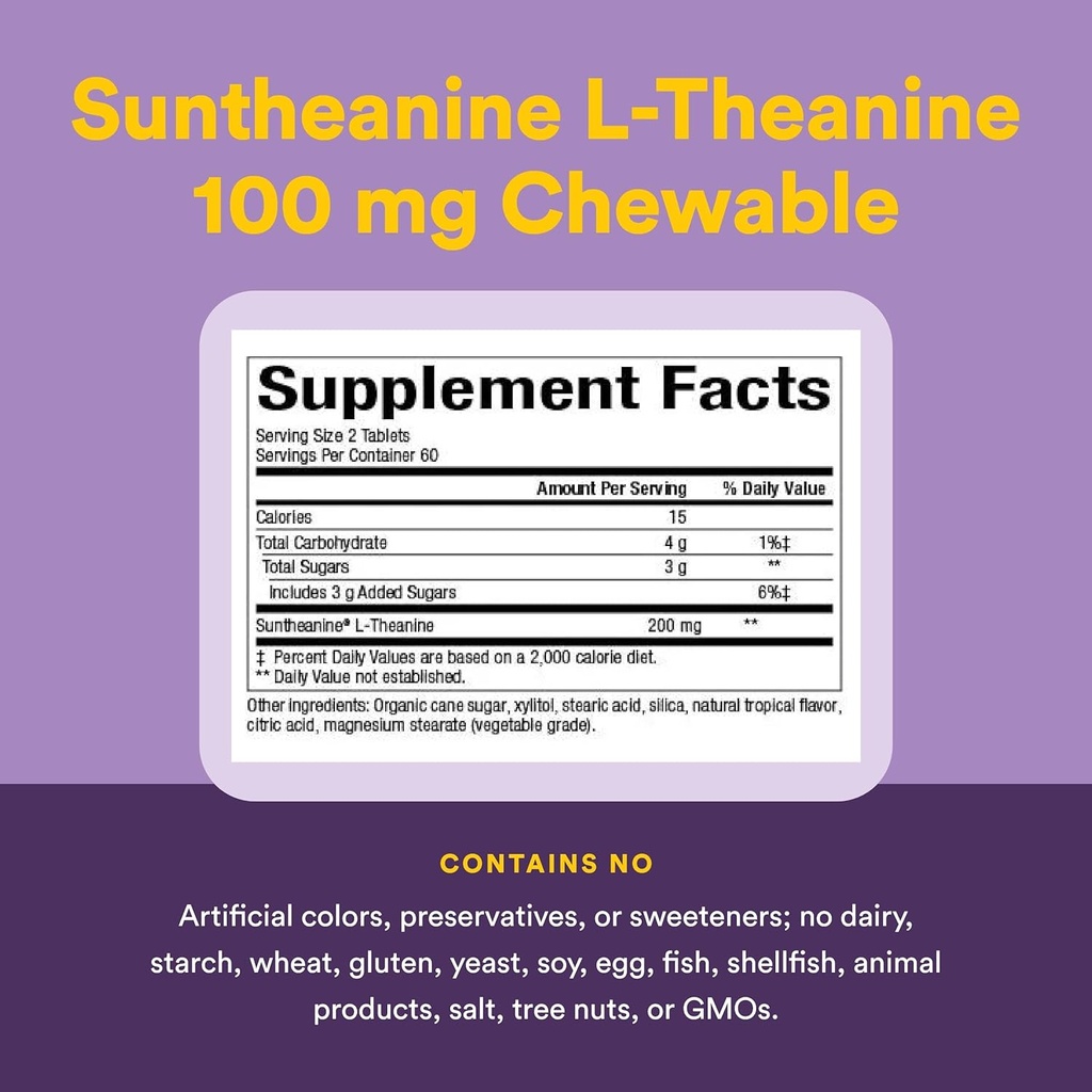 Natural Factors Suntheanine L-Theanine 100 mg - Health Supplement for Calm Outlook - L-Theanine Supplement Supports Relaxing Sleep & Aids Against Drowsiness - 120 Chewable Tablets (60 Servings) 5