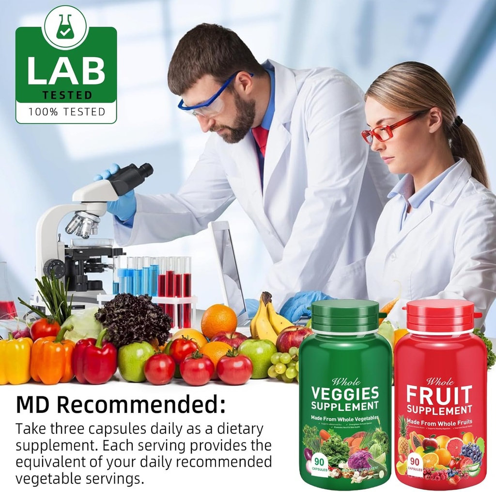 Fruit and Veggies Supplement Ingredients Natural – 90 Fruit and 90 Veggie Capsules - Fresh Superfood Formula with Vitamins and Minerals, Supports Energy Levels 6