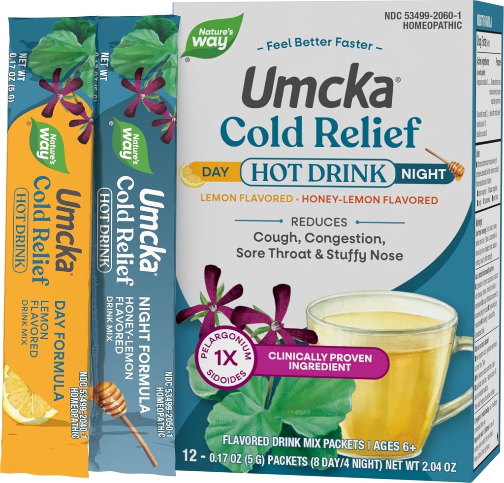 Nature's Way Cold Relief Hot Drink, Umcka, Homeopathic, Clinically Proven Pelargonium Sidoides 1X, for Cough, Congestion, Sore Throat, Stuffy Nose, Day & Night Formula, 12 Packets (Packaging May Vary) 2