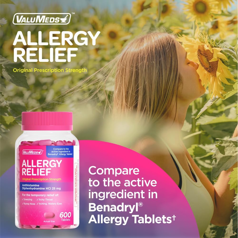 ValuMeds Allergy Medicine Antihistamine, Diphenhydramine HCl 25 mg | Children and Adults | Relieve Itchy Eyes, Runny Nose, Sneezing (25 mg, 600) 3