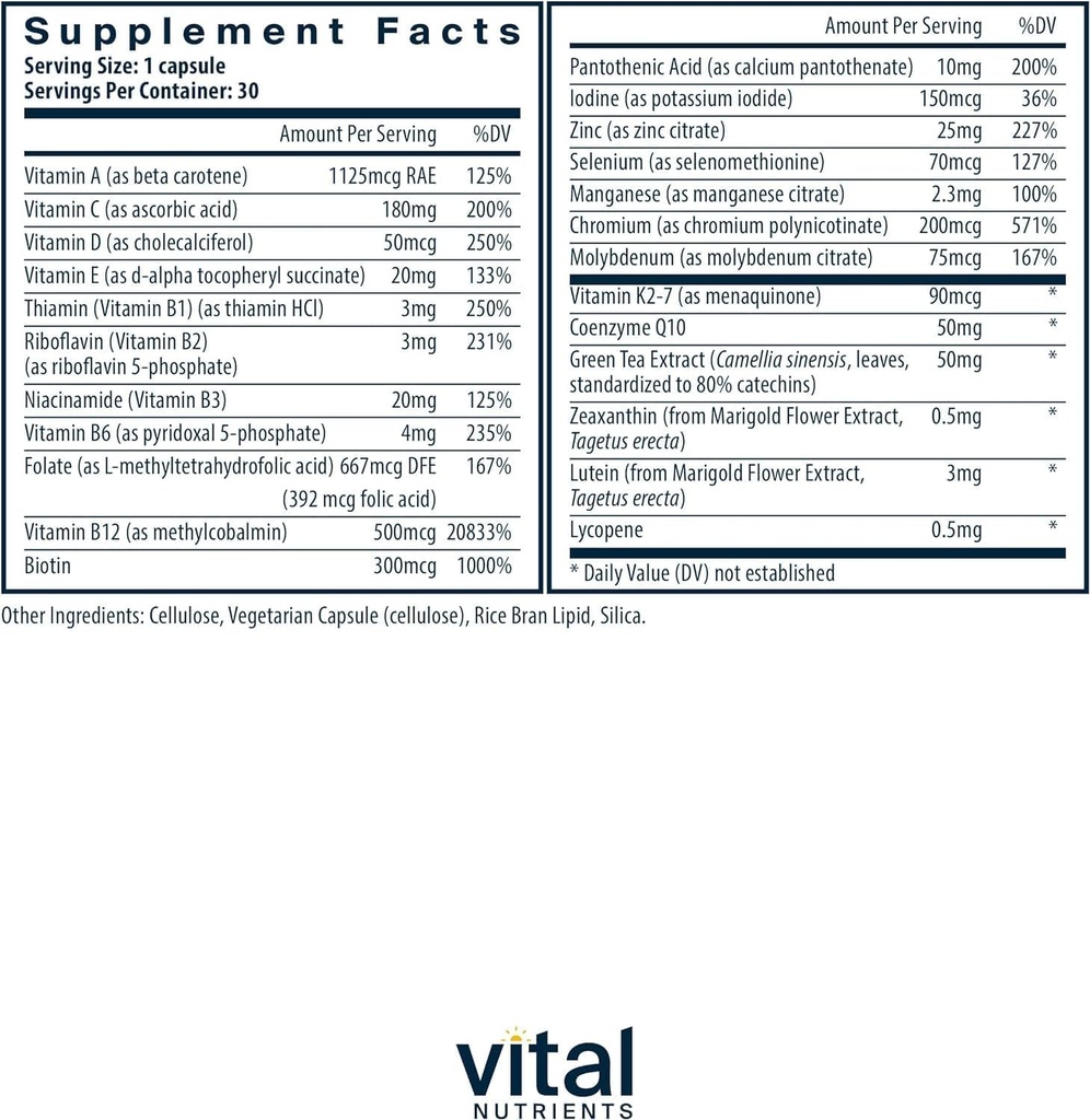 Vital Nutrients Once Daily Multivitamin | Vegan Multi for Women & Men | Allergen-Free | 19 Essential Vitamins + Antioxidants for Eye and Heart Health | Gluten, Dairy & Soy-Free | 30 Capsules 3