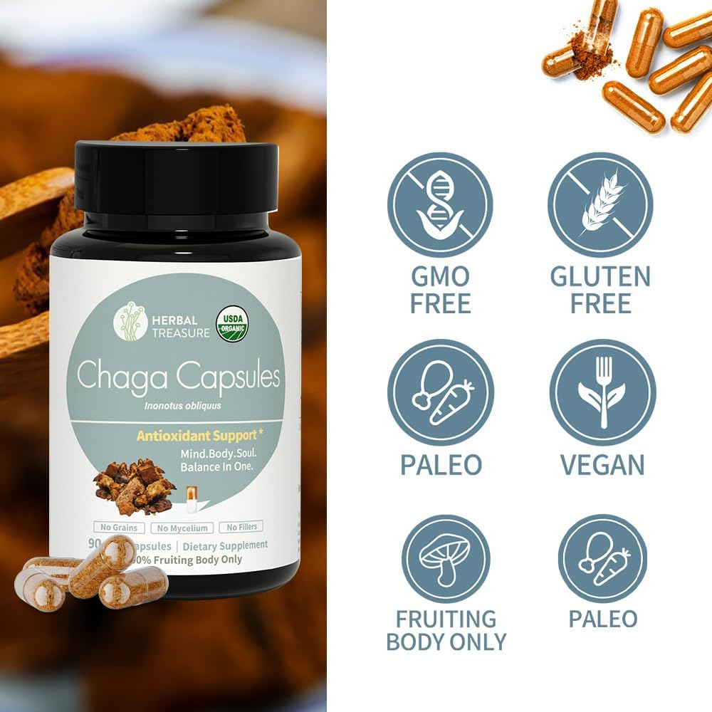 Herbal Treasure Chaga Mushrooms Powder Capsules, Mushroom Supplement for Functional Mushrooms, Chaga Mushroom Capsules for Energy, & Immune Support, Organic Mushroom Supplement 90 Caps 5