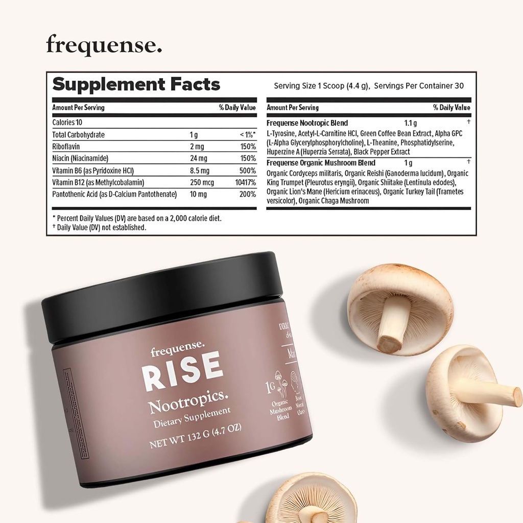 FREQUENSE - Rise Nootropic Tub - Mango Lemonade Flavor - Supports Brain Performance & Clarity - with Mushrooms, B Vitamins & Green Coffee - 132g 2
