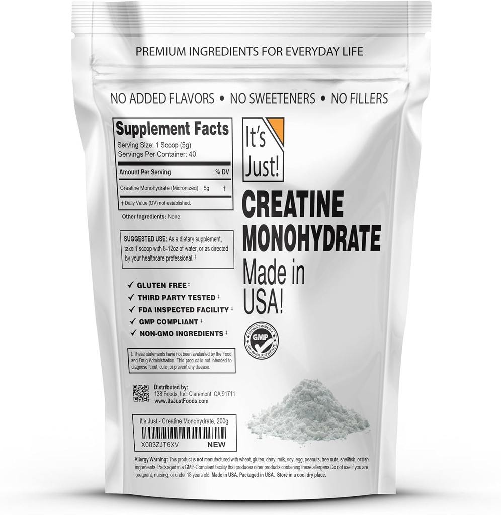 It's Just! - Creatine Monohydrate Powder, Pure Creatine Powder, Made in USA, 3rd Party Lab Tested, 5g Per Serving, Scoop Included, No Fillers, No Added Flavor (Unflavored, 200g / 40 Servings) 3