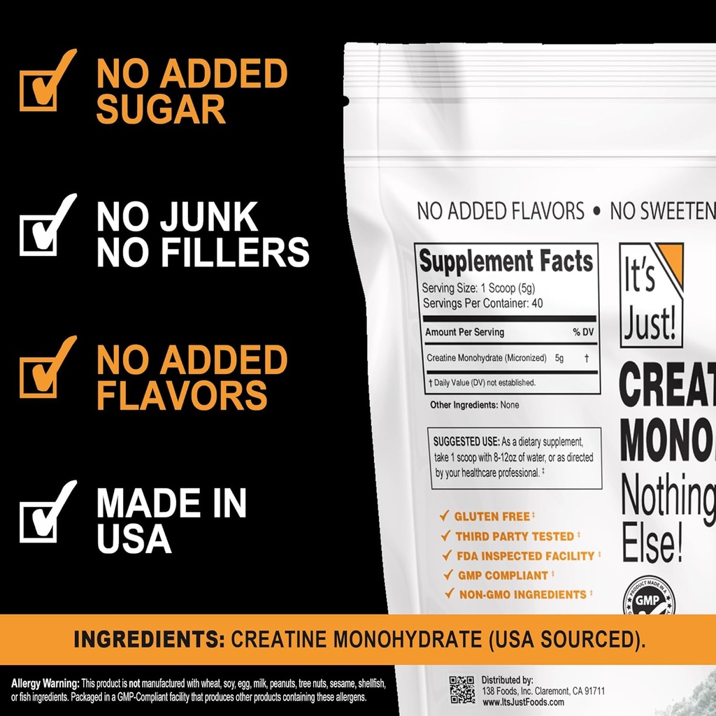 It's Just! - Creatine Monohydrate Powder, Pure Creatine Powder, Made in USA, 3rd Party Lab Tested, 5g Per Serving, Scoop Included, No Fillers, No Added Flavor (Unflavored, 200g / 40 Servings) 4