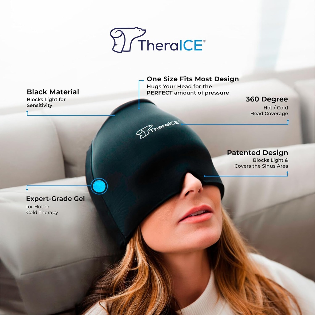 TheraICE Migraine Relief Cap, Soothing Headache Hat Ice Pack Mask, Face Cold Compress Cooling Gel Head Wrap Products for Tension, Stress & Hangover 3
