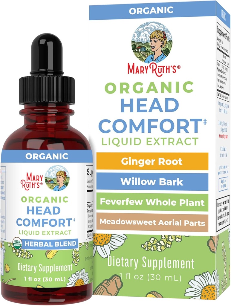 USDA Organic Head Comfort Liquid Extract Herbal Blend by MaryRuth's | Ginger Root | Willow Bark | Feverfew Whole Plant | Meadowsweet |Traditional Herbs | Non-GMO | Vegan | Gluten Free | 1 Fl Oz 2